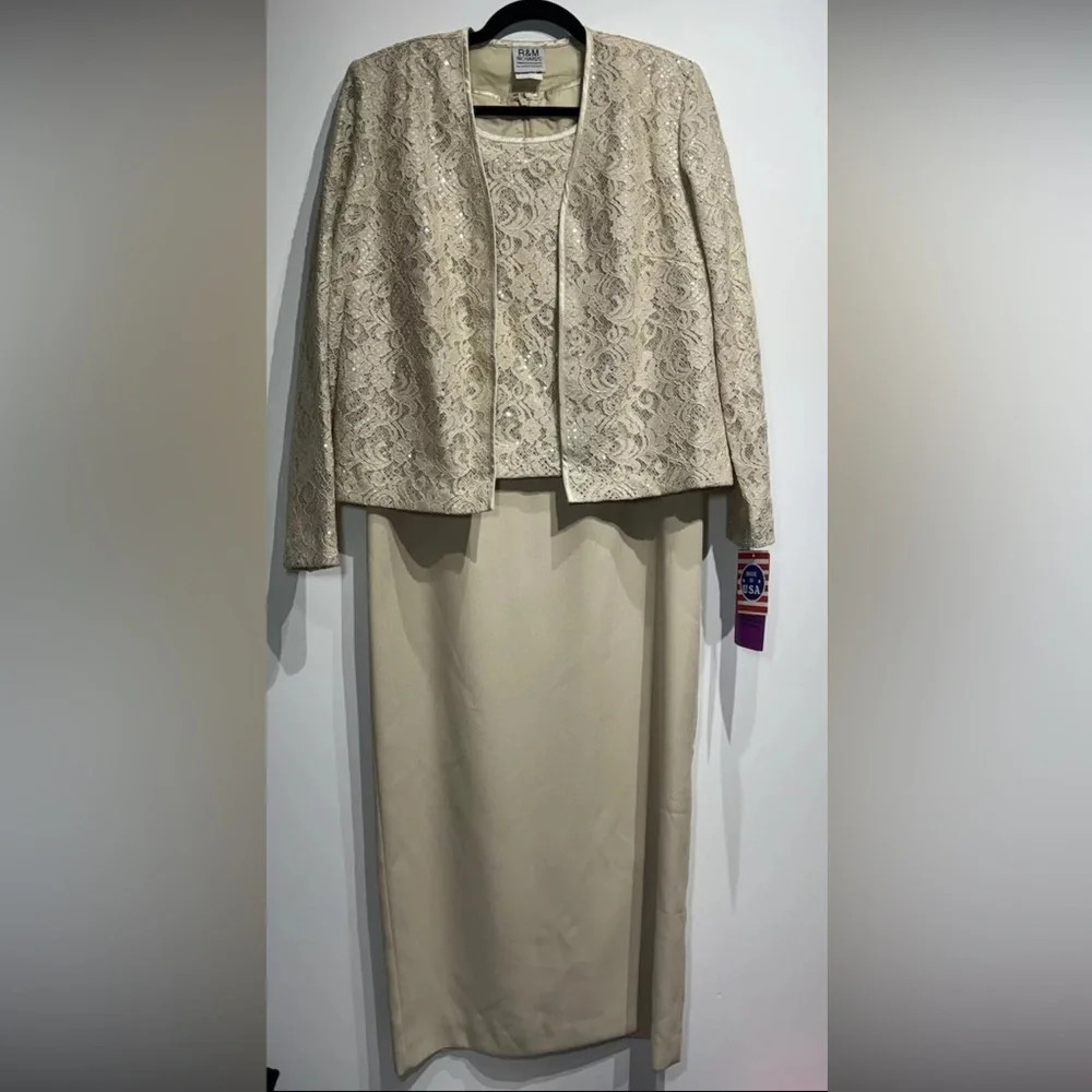 R & M Richards Size 8 CHAMPAGNE Lace Sequin formal dress jacket MOB Vintage USA